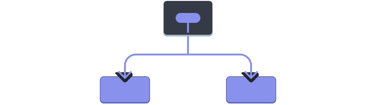 Diagramma con un albero di tre componenti. Il genitore contiene una bolla rappresentante un valore evidenziata in viola. Il valore scorre giù verso entrambi i figli, evidenziati di viola.